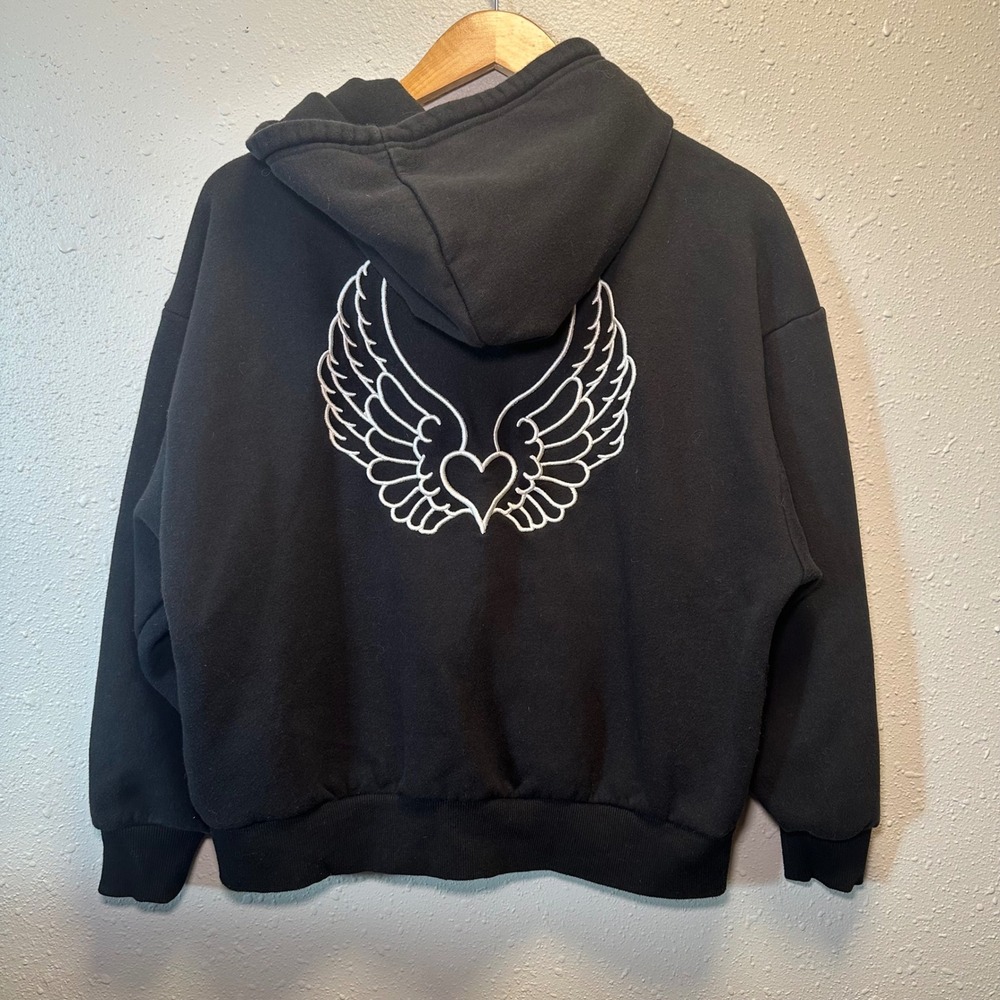 Angel Wings Hoodie Zip Up Women L Black Fleece Lined Embroidered Y2K Inspired